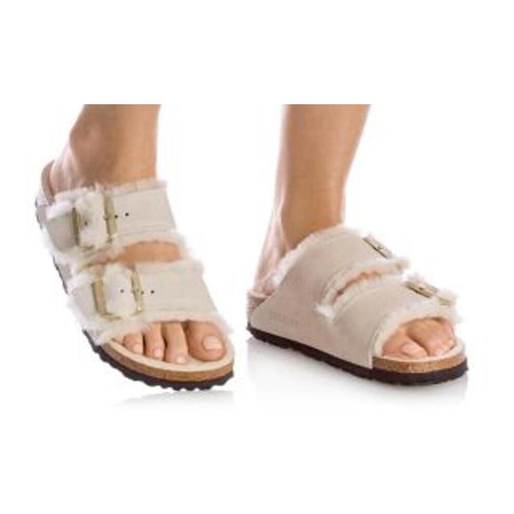 BIRKENSTOCK Arizona Shearling Suede Sandals - Stone Coin - 40 / 8.5